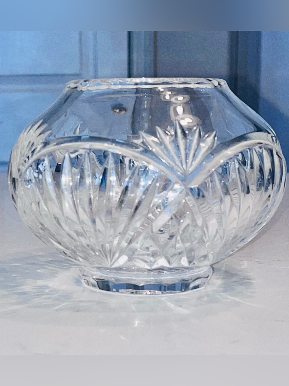 Hand Cut Lead Crystal Rose Bowl Bloom Vase Fan Pattern 4” tall Poland Scalloped